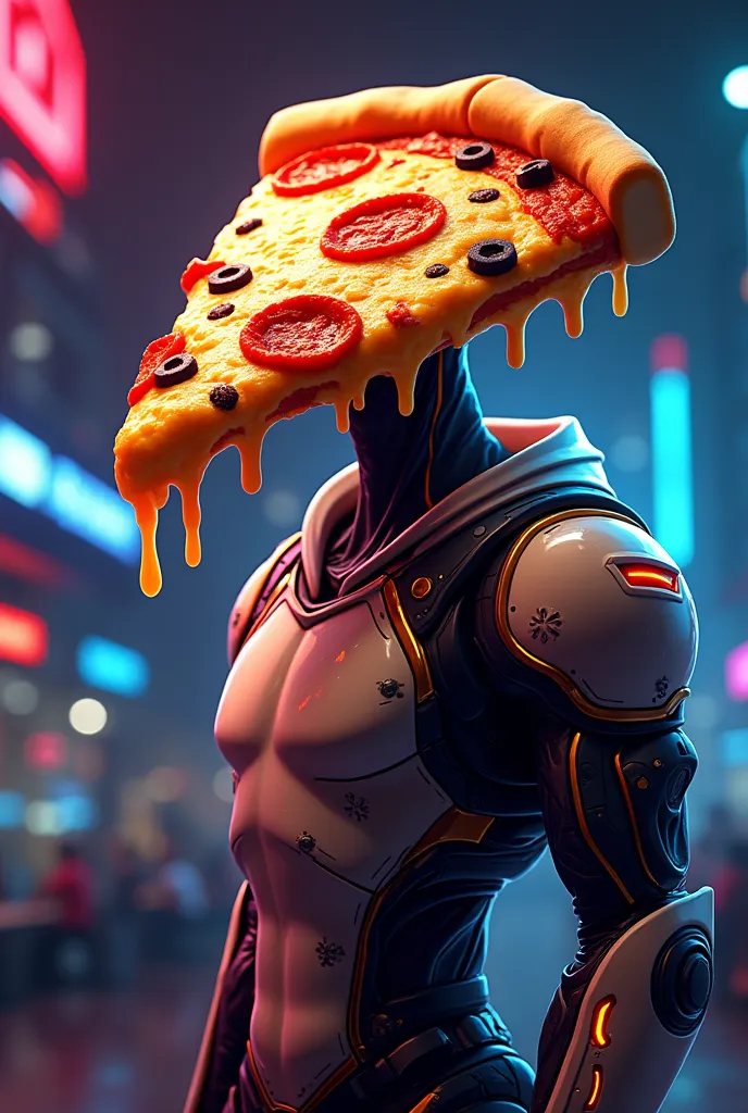 A highly detailed, dynamic logo featuring a stylized humanoid figure with a pizza for a head, designed with a vibrant gaming aesthetic. The pizza head is rich in detail, with gooey, melted cheese stretching between thick, crispy crust edges, and toppings l...