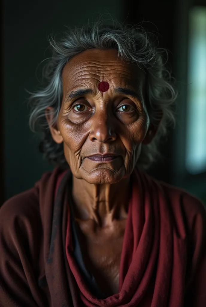 Indian  old girl without makeup living room background 