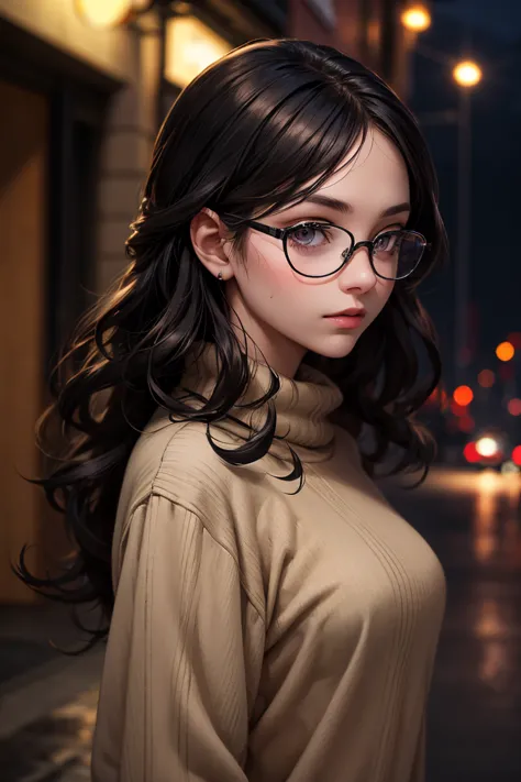 masterpiece, highest quality, High resolution, Super detailed, depth of written boundary, woman, night background, oversized black sweater, long curly black hair, hazel eyes, standing, closeup, Caucasian, glasses, driveway background
