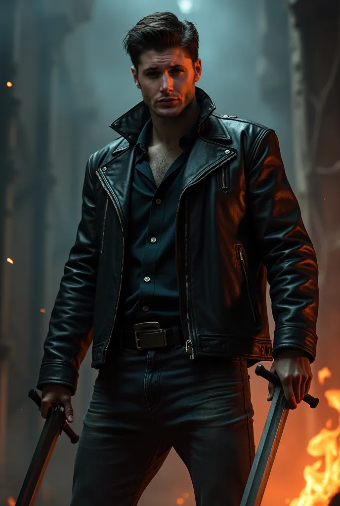 Dean in the foreground, in an old black leather jacket and jeans. Dean smiles angrily. He holds a blade in one hand. All this against a dark background and with elements of flame