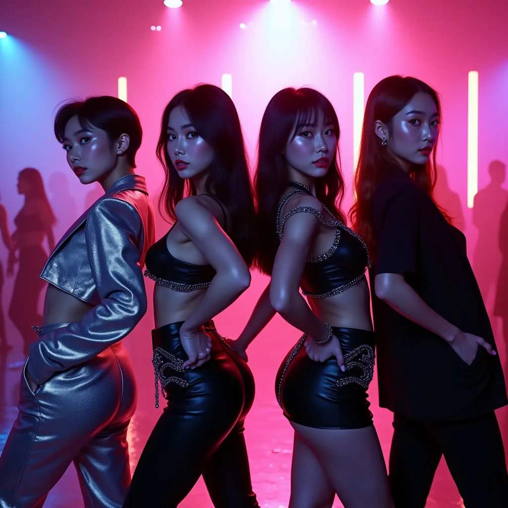 Four K-pop group members, all with fair skin and Korean descent, standing with their backs to the camera in dynamic, iconic poses. The first member has short hair and a soft jawline, wearing a metallic cropped jacket and high-waisted pants. The second memb...