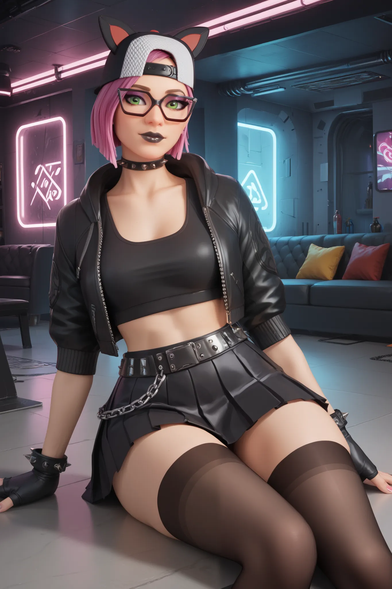 girl (masterpiece), choker, spiked belt, black lips, black cap, fingerless gloves, evening (solo), black clothes, black jacket, black, black thigh-high latex stockings, short pleated black skirt with a chain, beautiful green eyes, short pink hair, glasses,...