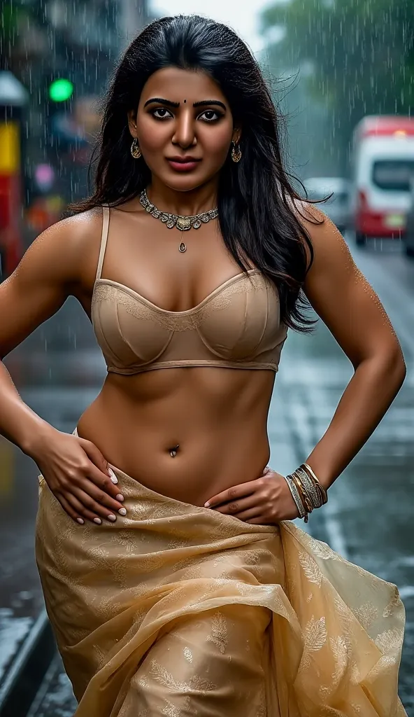 A masterpiece! Photo taken in 2025 early  A close up bust shot of  stunning very fair Indian milf 30 year old woman,chubby, front body pose,her free wavy hair a testament to the torrential rain that surrounds her. Beautiful, detailed eyes sparkle with joy ...