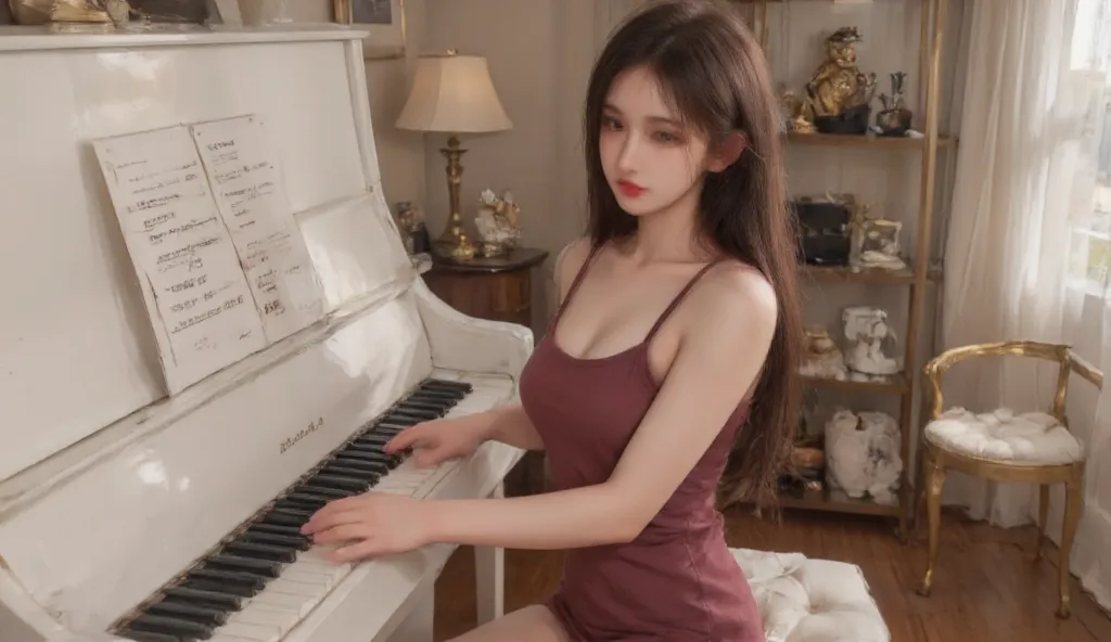  50mm ， artistic photography ，high angle，super sharp，high image quality。a 20 year old Japanese beauty。Focus on playing the piano。  slender calf  , busty,Clear cleavage long hair ， smile，Five elongated fingers,Playing a white piano in a luxurious bedroom, w...