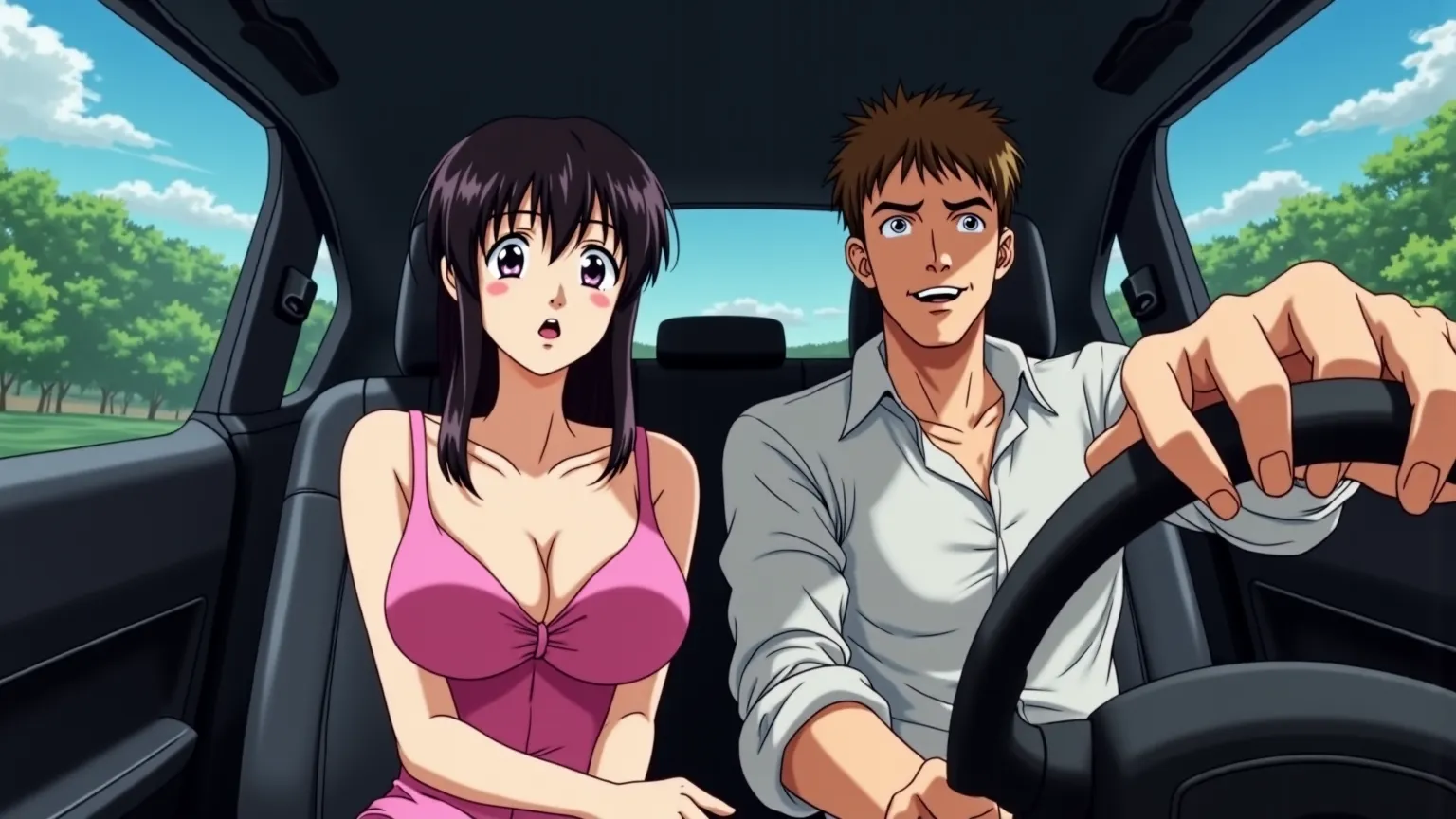 Anime style.  car interior. A 30-year-old man is driving, brown hair. He smiles cunningly and villainously as he holds on to the wheel. A 30-year-old girl is sitting in the passenger seat, black hair, pink dress, Big breasts and deep cleavage. The chest is...