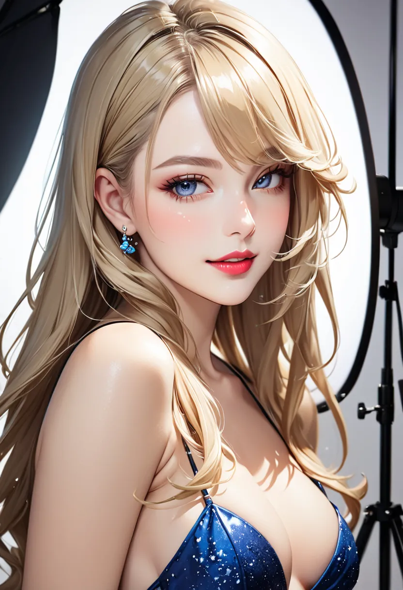 (best quality, Super Detail, photorealistic),  bright and brightly colored please stick out , studio lighting, playful expression, Stylish May, long blond hair, attractive eyes, Glossy Lips, Sexy Poses,   smiling confidently and sexily , poses for a profes...