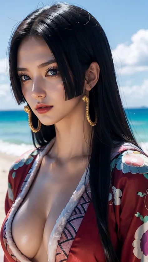 The Man with Long Hair , red kimono, Boa Hancock, Boa Hancock from anime one piece, as an Anime Characters, perfect anime face, she has black hair with bangs, female Anime Characters, Anime Characters,   Anime Best Girl  ,  Princess Cut Hairstyle , black h...