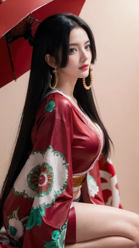 The Man with Long Hair , red kimono, Boa Hancock, Boa Hancock from anime one piece, as an Anime Characters, perfect anime face, she has black hair with bangs, female Anime Characters, Anime Characters,   Anime Best Girl  ,  Princess Cut Hairstyle , black h...