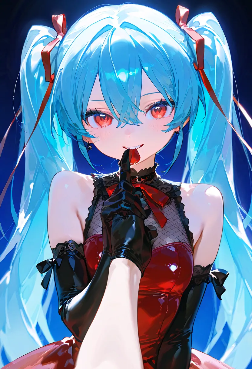 depicts rimuru on her way from slime form to Hatsune Miku's figure:1.8。上半身teeth初音ミクの姿（long blue hair、red eyes、black and red gothic lolli-style dress、胸元のribbon、 gloves）in、下半身teethまだスライム:1.At 8。スライム部分teethblue translucentin、光の反射in柔らかin滑らかな質感を演出。リムルの表情teeth戸惑...