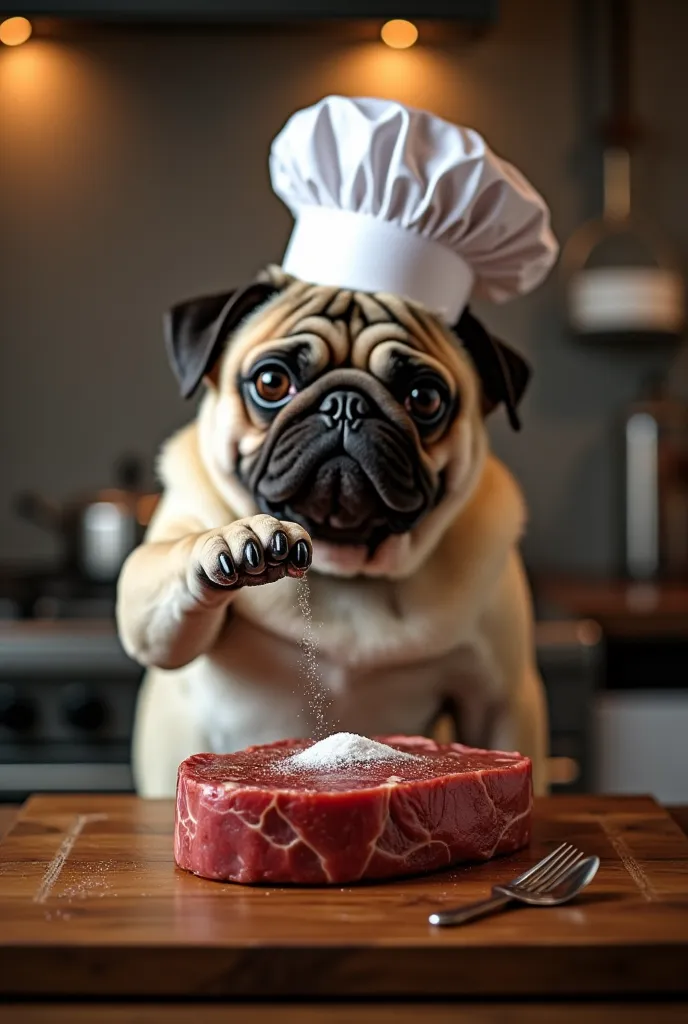 Imagine a sophisticated kitchen, illuminated by the soft glow of lights, with the subtle sound of utensils echoing in the background. At the center of this scene, a charismatic Pug wears an elegant chef's cap, ready to command the art of cooking. With a se...