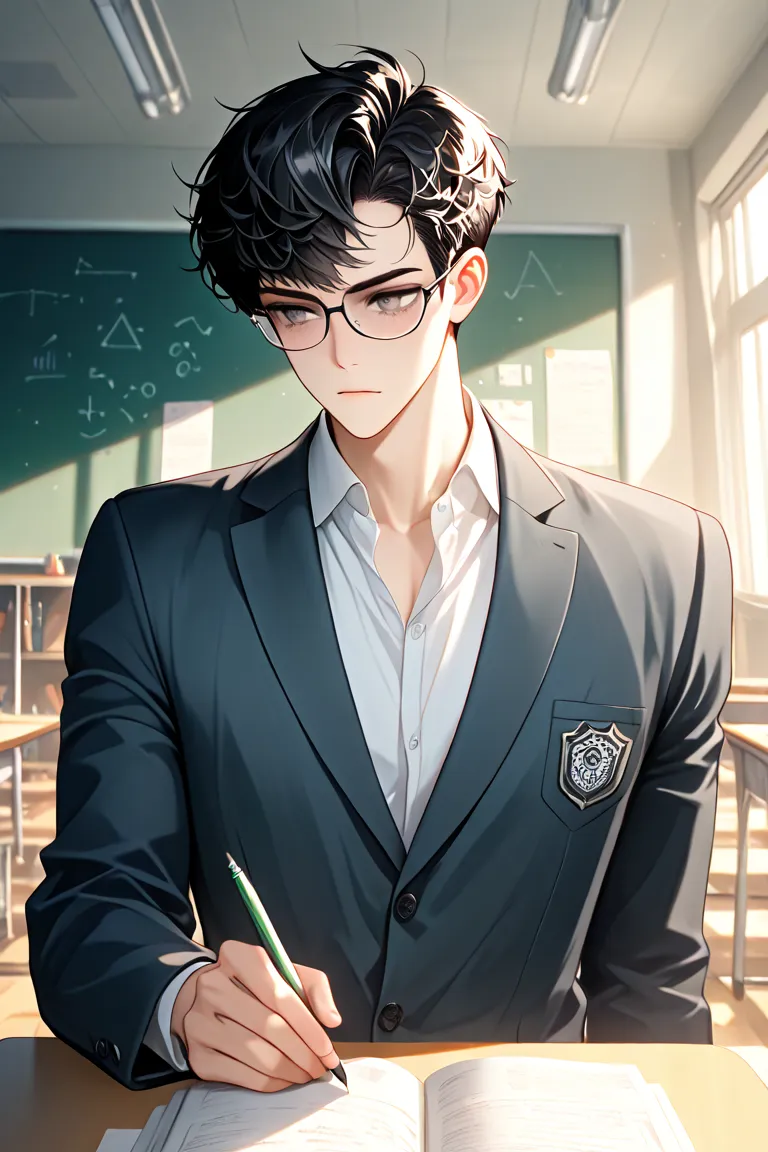 a one man, pixie cut, black hair, glasses, gray eyes,  in the classroom, school uniform, intelligence, sexy