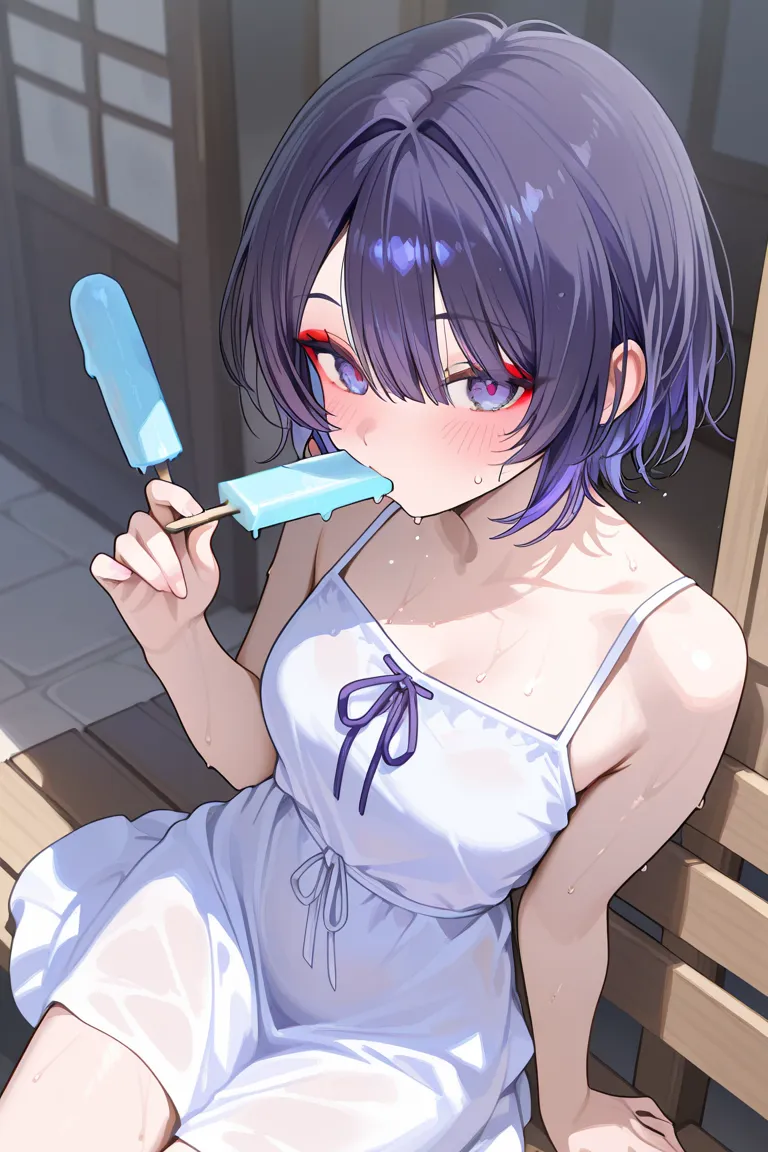 beautiful girl with short dark indigo hair, bangs, blue purple eyes, wearing red eyeliner, wearing summer dress, eating popsicle, sweaty, blush