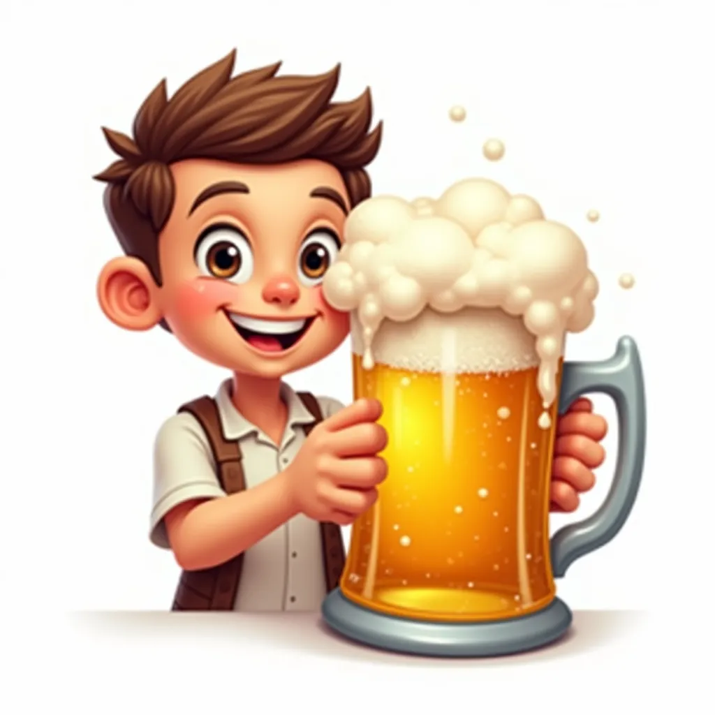 A  cartoon character,  holding a large, frothy beer in a classic handled beer stein (mug), close-up shot, white background, detailed and eye-catching beer foam, beer-related, colorful and lively poster design. The character's facial expression is happy and...