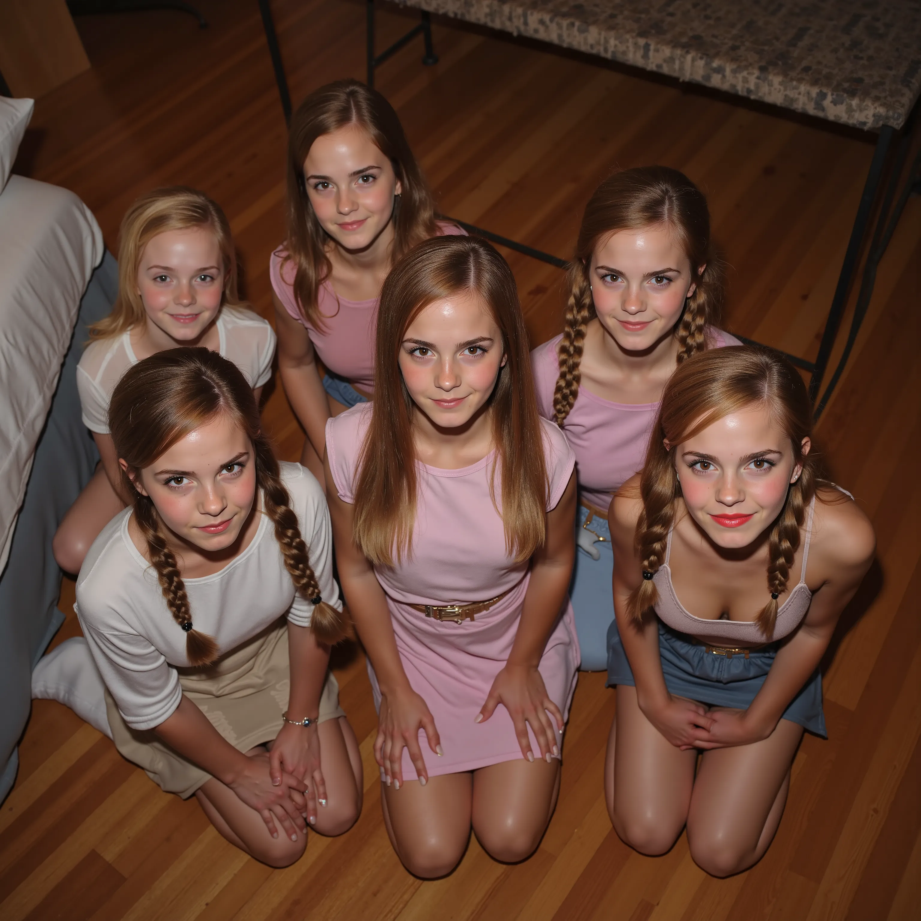 Very realistic photo of 5 very young girls ,  long blond hair,    3 girls have long braids   , different hairstyles,    short and small blouses and miniskirt   ,   detailed face ,    big and beautiful blue eyes    ,  kneeling on the hardwood floor in a bed...