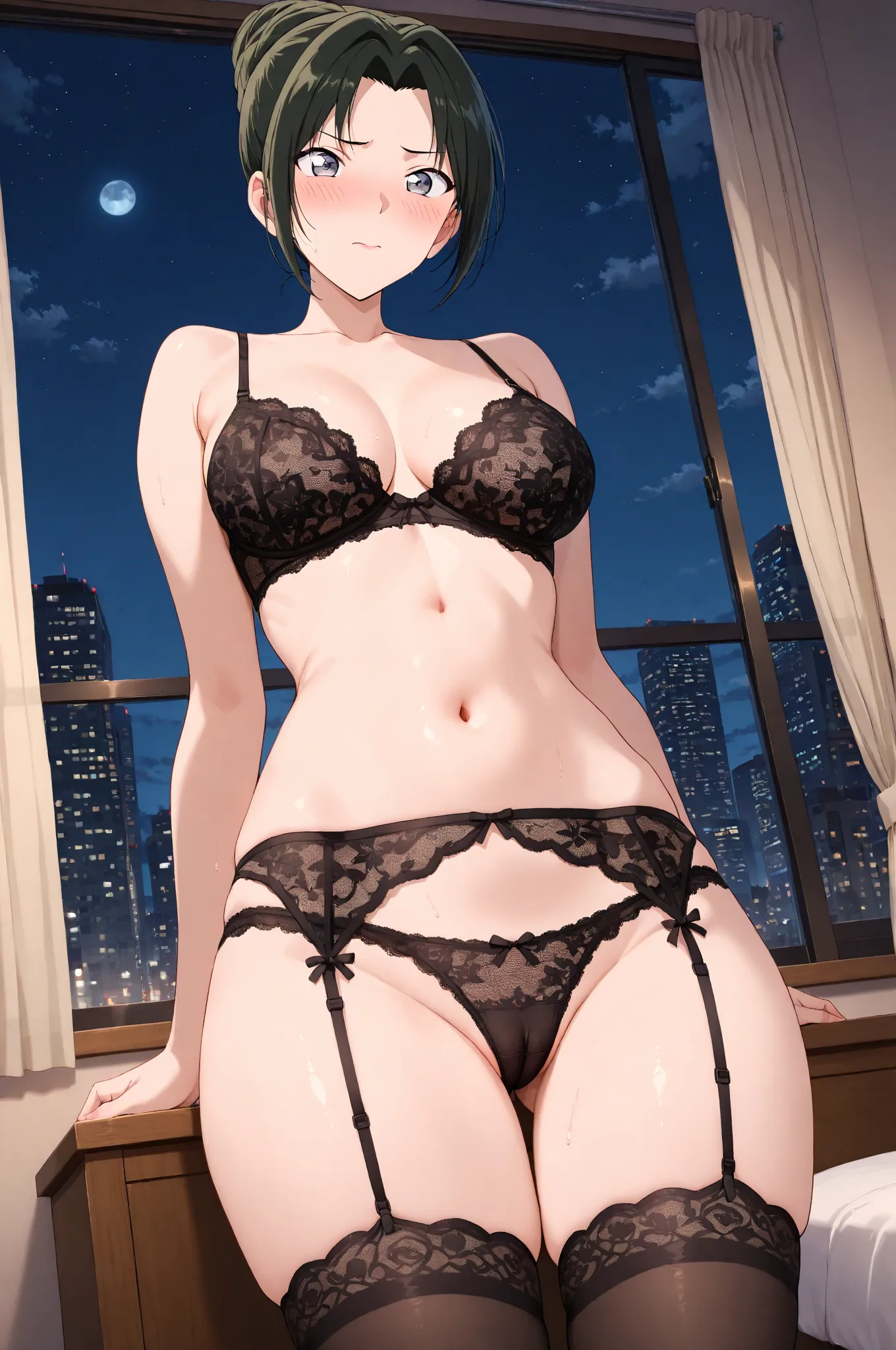 masterpiece,best quality,{{detailed beautiful face and eyes}}, very detailed background,
Uehara Yui,short hair,black hair,parted bangs,hair bun, single hair bun,lipstick,grey eyes,medium breasts,
((black Lace Bra,black Lace Panties,black garter belt)),
1wo...