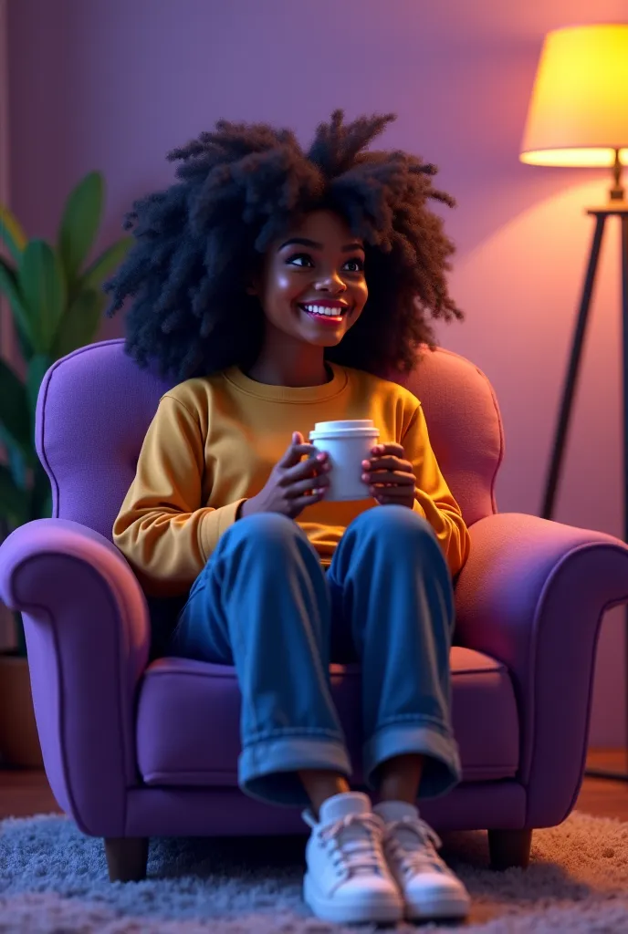 Une belle belle noir souriante    jeune avec tenue cool qui s’assoit sur un foteuil violet elle mets de basquet et tient son cafe comme si elle regardai la télévision  faire voir les chaussures 