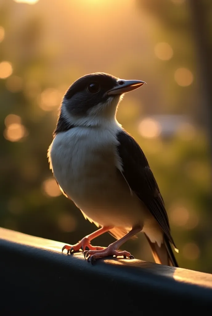 A mesmerizing close-up portrait of a beautiful little bird illuminated by the soft golden light of a quiet morning, with vibrant bokeh balls gently framing her delicate shape.