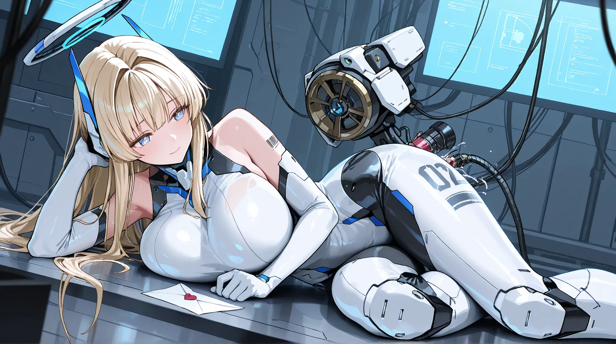 android,cyborg,highres,beautiful,machine_girl,broken,damaged,broken body,mechanical parts,masterpiece,game cg,young girl,hair intakes,have to pee,shiny eyes,leggings,detached sleeves,halo,masterpiece,best quality,highly detailed,bishoujo,detailed CG Unity ...