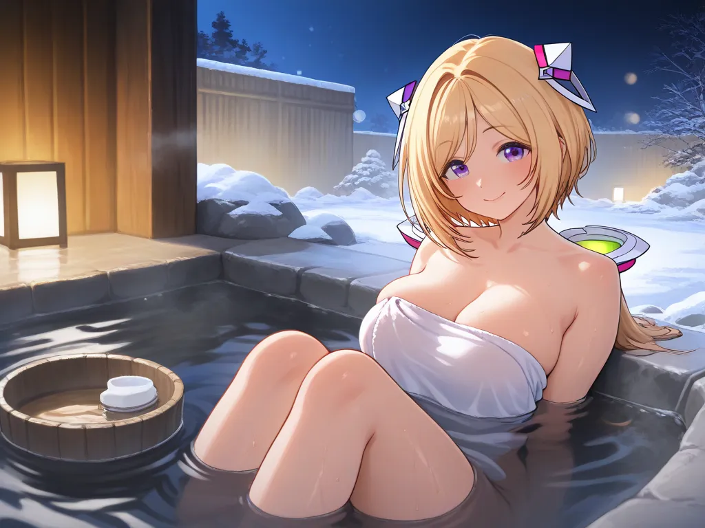 high quality,4K,8k, ultra-fine in 8K,HDR,UHD,Ultra Fine Art,Sharp Focus,physically-based rendering,Super Detail,professional,vibrant colors,Bokeh,night,snow,Open-air bath, Aki Rosenthal Hololive,One Woman,gentle face,smile,sitting,Clear Skin,naked,sweat,Co...