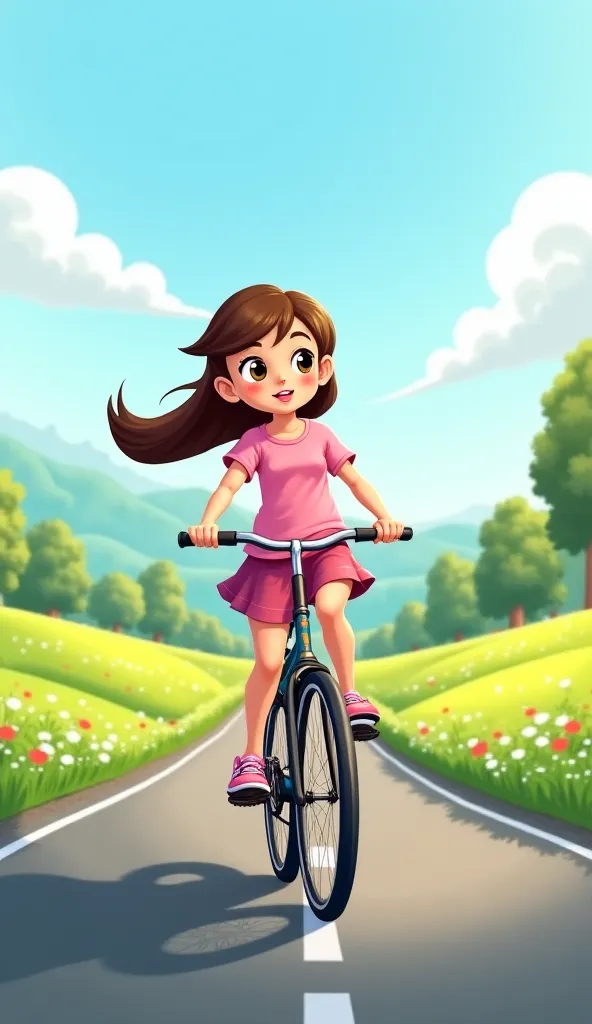 An cute girl riding a bike on a country road. the cute girl is balanced, perfectly on the bike, looking determined with its tail swaying breeze. the background shows a peaceful countryside with green fields, trees, and a bright blue sky with a few clouds