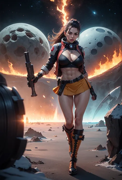 all people holding huge futuristic laser rifles in an action dynamic pose,  ((Full body)), photo quality, vibrant colors, two 2womans, wearing sexy red/bluecamouflage micro mini skirt, orange mini space suite, huge breast, in a cold ice PLANET with volcano...