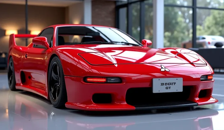 3D render of a heavily modified (1990 Mitsubishi 3000 gt)in(red)colour, (front  left side view) The car features ultra-high-detail glossy and shiny modifications, including sleek add-ons. The () logo is prominently displayed on, the (lights) are glowing re...