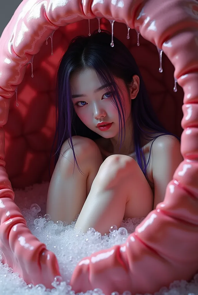 Japanese woman with long dark purple hair and wet pink highlights, eyes in purple, wearing underwear, mouth open, sitting curled up, knees raised, (Kneeling, bending knees) Hands and arms dancing, the skin is filled with white mucus, in a capsule like the ...