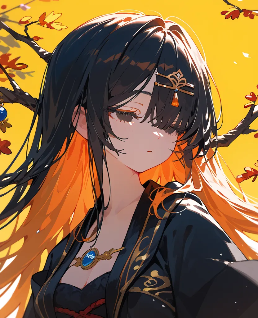 girl, black hair, long hair, multi colour hair,orange hair,Close your eyes,Long eyelashes, Black Kimono,Open shoulder kimono,big chest,Slim Gold Hairpin, hair over eyes,yellow background,branches, hair ornaments,cute face, no eyes ,sleep