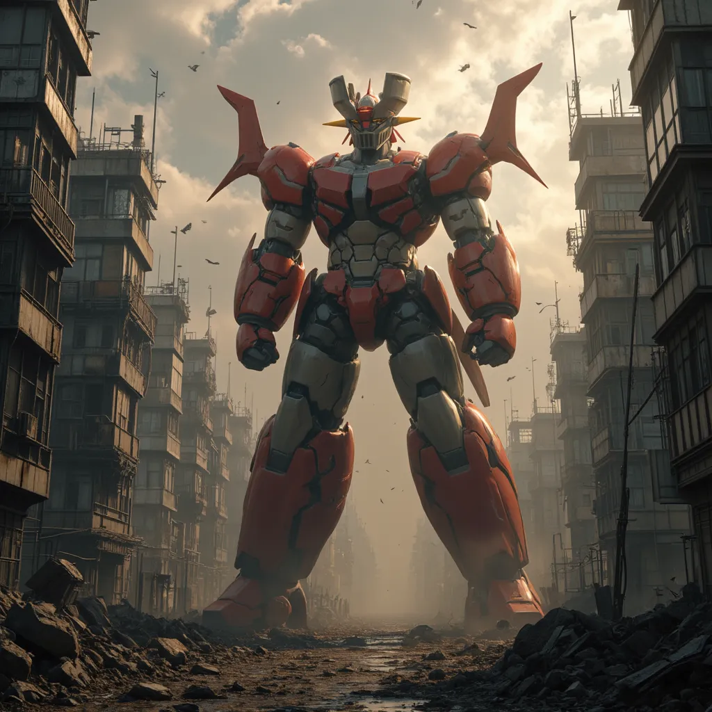  a very realistic version of Mazinger Z  ,   with the ultra-realistic Mazinger Z、It's 100 meters tall,shoots through the scattered light of a destroyed city 、  the sun shines　  Mount Fuji　