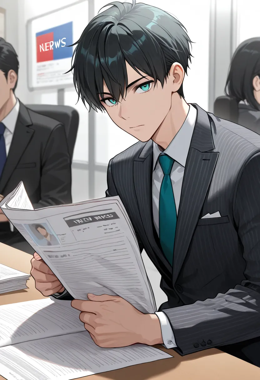 masterpiece, best quality, 1boy, black hair, aqua eyes, news reporter, suit, reading papers, studio background, looking at viewer