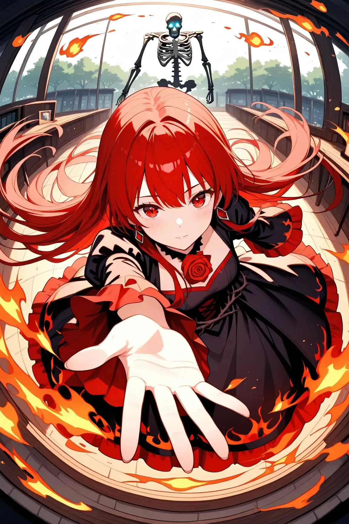 top view:1.37.(地狱里的初音未来AndTangle - Brain Challenge- red eyes-red long hair, Dress，Alone).(outstretched hand,reaching,reaching out).forest beneath feet,.fisheye perspective,top view。boiling red magma，Falling Skeleton，Hordes of glowing ghosts，flame，Red Rose，...