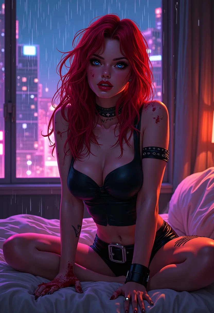 A stunning, high-detail illustration of a red-haired woman sitting on a dimly lit bed, blending a cyberpunk comic book cover aesthetic with a dramatic cinematic touch. She has piercing, oversized eyes with a mischievous smirk, exuding a mix of confidence a...