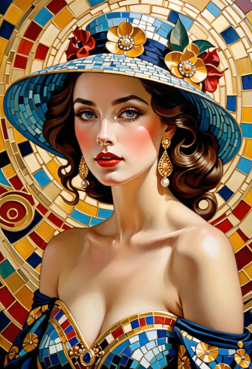 Fine art, oil painting, thick brush strokes, an elegant lady lost in her dreams, inspired by [Gustav Klimt | Pablo Picasso | Gil Elvgren], hat, eye-catching wall deco, Art Nouveau, Byzantine mosaics, gold accents, elegance, sophistication, classy, ​​highly...