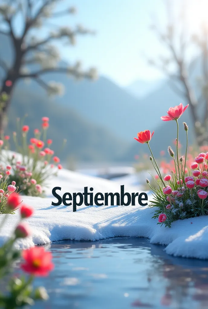 I want you to make an image with the word " September "  in Spanish, with a background of melting snow and flowers blooming, representing the beginning of spring in the Southern Hemisphere.