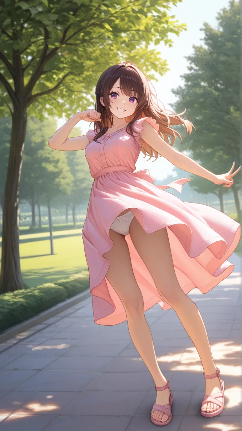 high resolution,4K,HDR,extremely detailed description,Photographic Realism,Professional Portrait,Graceful ,pink dress, pink sandals,Active pose,white underwear,Park Background,sunny day,A heartwarming smile 