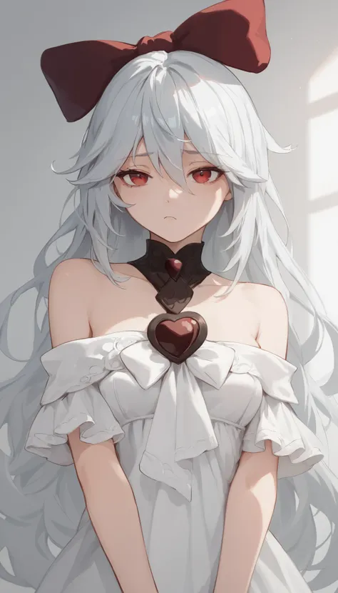score_9, score_8_up, score_7_up, sinestrea, 1girl, white hair, bare shoulders, white dress, frown hair bow, long hair, heart brooch, medium breasts, hair bow, ribbon, red eyes,Bedroom