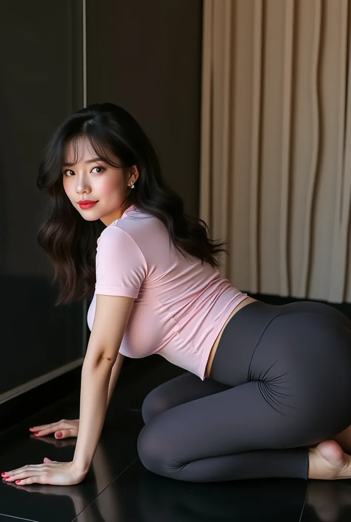 seen from the side and face facing the camera,
beautiful Korea woman,wavy hair,thin smiling and red lips,chubby body,extreme big breasts like big balloons,big ass,clean white skin,wearing a light pink fitting t shirt and dark gray leggings,crawling down li...