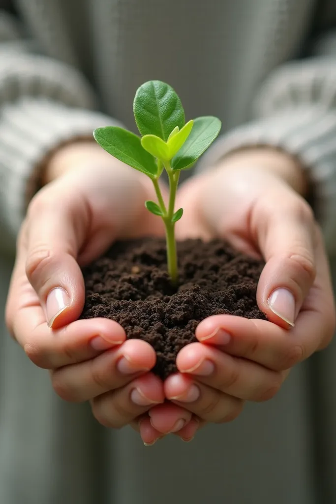 Hands supporting young plant