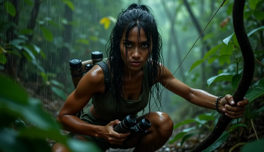 A fierce woman crouching in the rain-soaked jungle of southern Thailand, blending into the shadows with her sharp hazel eyes glowing in the dark. Leila is twenty-seven with golden skin, wet from a tropical storm, and wearing a soaked cotton tunic that clin...