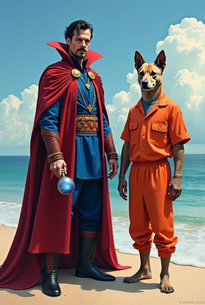 Create Doctor Strange for me in your standard costume with a bottle in your hand,on the beach, e homem aranha com cabeça de cachorro com roupa de prisão laranja on the beach