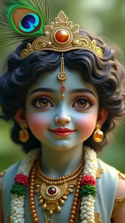 Create an image of lord krishna his face serene and attractive. With a soft glowing complexion. His expressive eyes are larg and filled with devine wisdom . His lips form a gentle smile, exuding warmth and kindness , Krishna's hair is dark and curly, adorn...