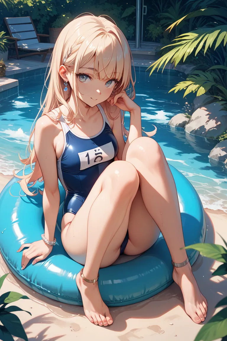 A middle school girl in a swimsuit shows her legs