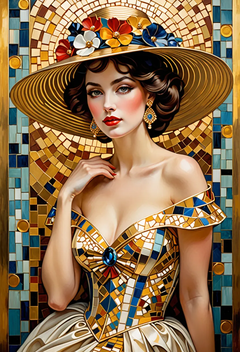 Fine art, oil painting, thick brush strokes, an elegant lady lost in her dreams, inspired by [Gustav Klimt | Pablo Picasso | Gil Elvgren], hat, eye-catching wall deco, Art Nouveau, Byzantine mosaics, gold accents, elegance, sophistication, classy, ​​highly...