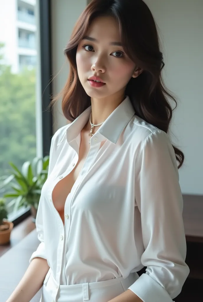 Girl in a transparent dress that shows her nipples. woman in a white shirt standing next to a desk, white blouse, dress shirt, white dress shirt, wearing in only shirt, fine white shirt, decollete shirt, Open chest wide, big breast, appear thighs, appear a...