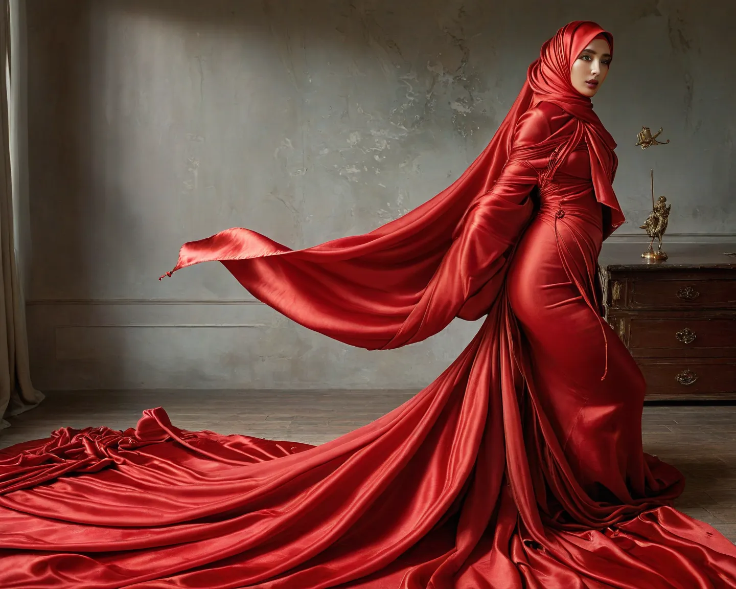 A woman shrouded in a 8-meter-long, plush red silk cloth, tightly bound and grandly draping along the form of her body, flowing off into a pooled floor-length train, styled in a mermaid-inspired outfit, her head modestly veiled in a satin hijab, sexy,175 h...