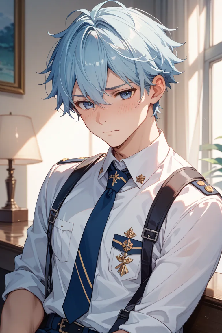  male、 college student 、Eriashi 、shy face、anime illustration、with your hands、Light blue hair、Wearing uniform、