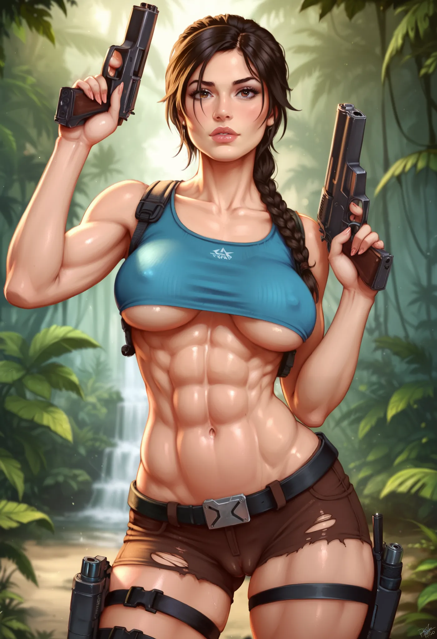 croptop, 1girl, Lara Croft, guns akimbo, underboob, cameltoe, detailed portrait of Lara Croft, photorealistic, hyperrealistic, high quality, 8K, HDR, cinematic lighting, intense gaze, ripped abs, athletic physique, tactical gear, dual handguns, skin-tight ...