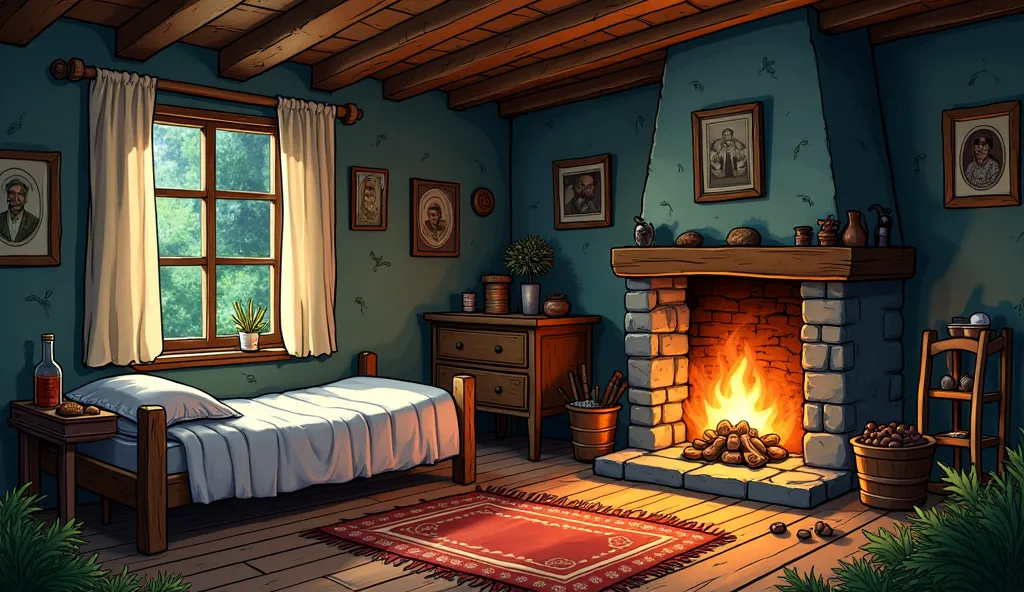 Comic Book Illustration Show interior view of old man cottage with small bed a wooden table and coxy fireplace Theo lived in a small cottage by the edge of the forest. His home was simple, with only the basics: a small bed, a wooden table, and a cozy firep...