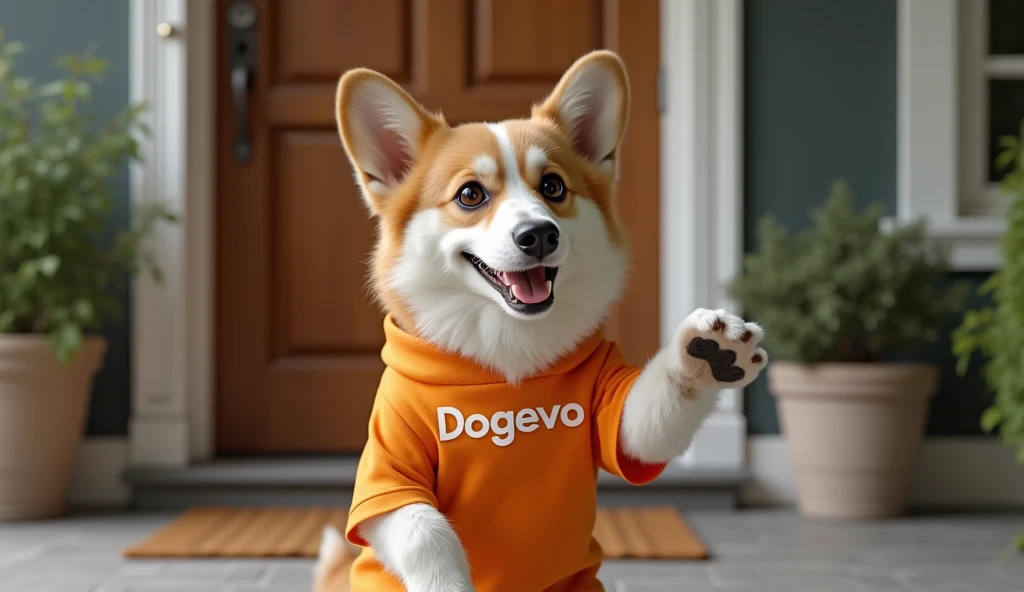 A highly detailed, ultra-HD realistic image of a Corgi dog standing on the doorstep of a house, pressing the doorbell with one paw. The Corgi has expressive eyes and a friendly yet determined expression. It is wearing a bright orange shirt with "Dogevo" wr...