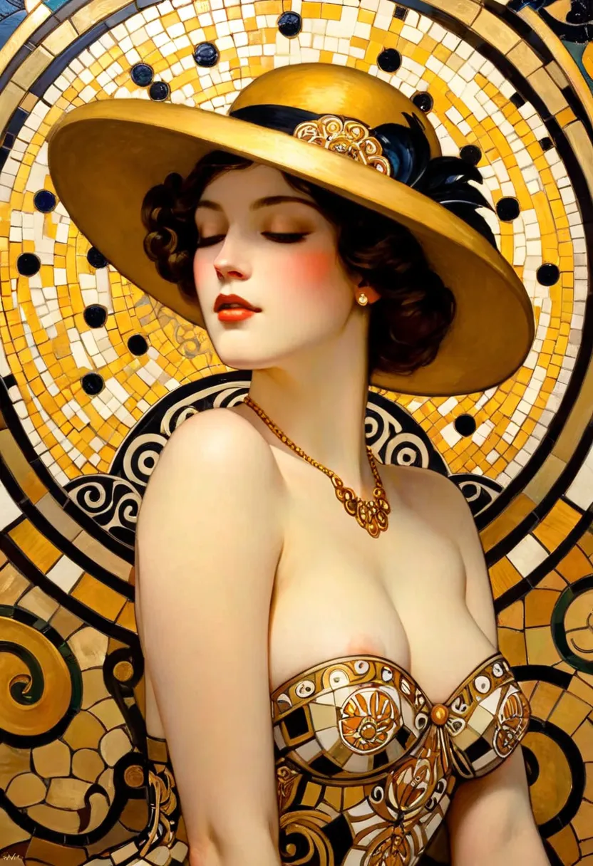 Fine art, oil painting, thick brush strokes, an elegant lady lost in her dreams, inspired by [Gustav Klimt | Pablo Picasso | Gil Elvgren], hat, eye-catching wall deco, Art Nouveau, Byzantine mosaics, gold accents, elegance, sophistication, classy, ​​highly...